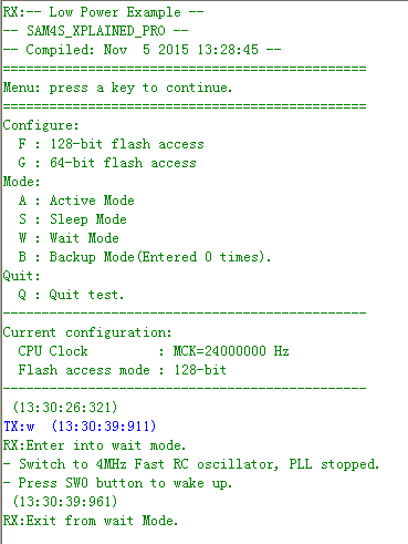 SAM4S XPLAINED开发板低功耗测试程序
